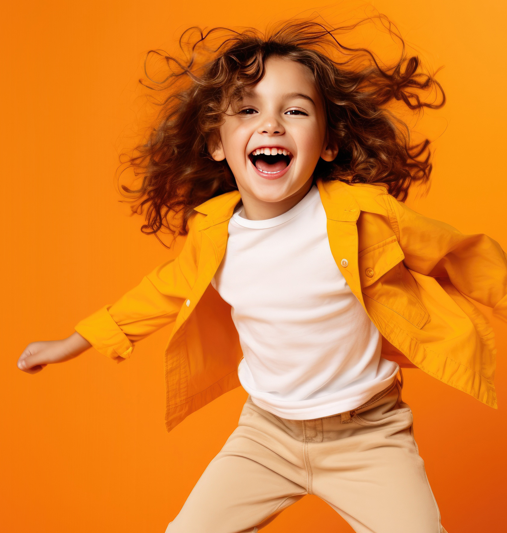 Cute Young Happy Girl iDancing on a Orange Background with Space for Copy