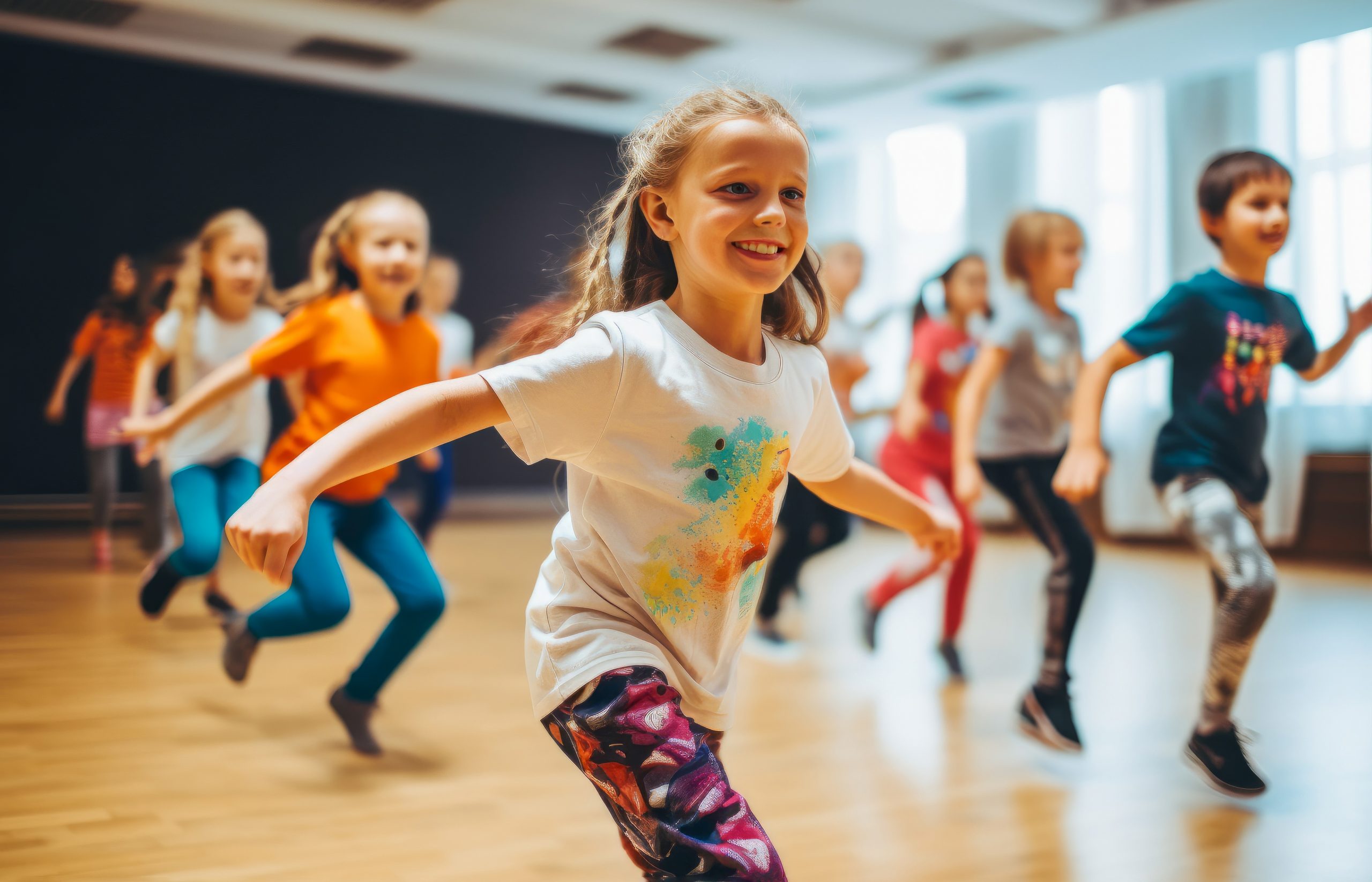 Group of smiling children of 7-13 years old enjoying modern dancing in a dance studio or class