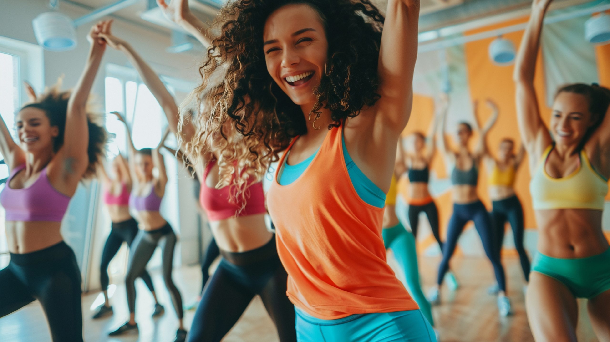 High-energy dance fitness class with vibrant music and dynamic movements, celebrating joy and health through dance.