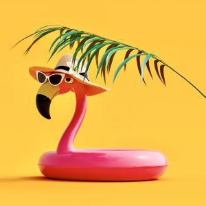 Pink flamingo with sunglasses and hat under palm leaf on yellow summer background 3D Rendering, 3D Illustration