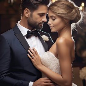 A wedding ceremony with a happy couple hugging, showcasing love, elegance, and celebration.