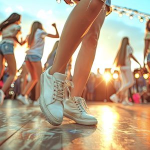 a person line dancing with a lively dance ensemble
